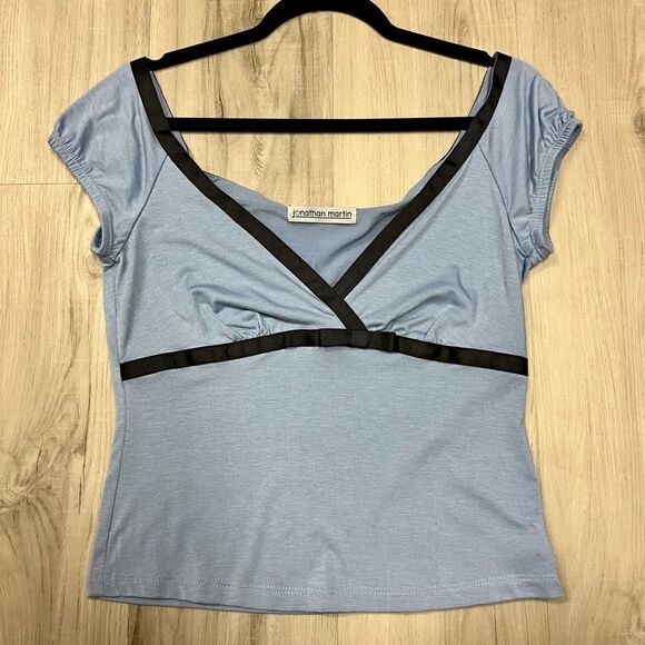 Vintage y2k Jonathan Martin top. Deep v neckline empire in blue and black szL - Picture 10 of 11